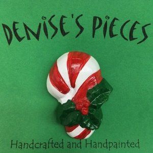 Christmas Pin Brooch Plaster Handcrafted Candy Cane Holly Red White Stripe